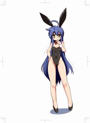  animal_ears bad_id bad_pixiv_id bare_legs blue_hair bow bowtie detached_collar female green_eyes groin hand_on_own_hip high_heels highleg highleg_leotard highres izumi_konata leotard long_hair lucky_star mizushima_(p201112) mole mole_under_eye no_socks playboy_bunny rabbit_ears solo standing strapless tail trim_marks very_long_hair wrist_cuffs 