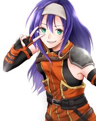  aplche armor blue_hair commentary_request female fingerless_gloves fire_emblem fire_emblem:_path_of_radiance fire_emblem:_radiant_dawn gloves green_eyes headband long_hair looking_at_viewer mia_(fire_emblem) pauldrons shoulder_armor simple_background smile v white_background 