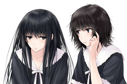  2girls black_eyes black_hair blue_eyes blush commentary_request flowers_(innocent_grey) highres long_hair looking_at_another multiple_girls school_uniform shirahane_suou short_hair suzushiro_yukari yaegaki_erika yuri 