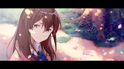  blazer blue_bow blue_bowtie bow bowtie brown_eyes brown_hair brown_jacket cheese_kang cherry_blossoms closed_mouth collared_shirt commentary_request day falling_leaves female from_above grass hair_between_eyes head_tilt jacket kimi_no_suizou_wo_tabetai leaf letterboxed long_hair looking_at_viewer outdoors path photoshop_(medium) road school_uniform shirt smile solo tree upper_body white_shirt yamauchi_sakura 