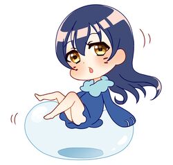  animal_costume bad_id bad_pixiv_id bare_legs barefoot blue_hair brown_eyes bubble chibi cosplay facial_mark female fur_collar highres kurono_kito long_hair looking_at_viewer love_live! love_live!_school_idol_project motion_lines open_mouth pokemon pokemon_sm popplio popplio_(cosplay) simple_background sitting solo sonoda_umi whisker_markings white_background 