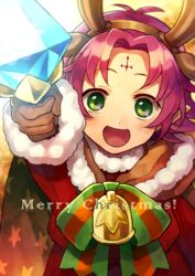  akke antlers blush cape christmas commentary_request dress facial_mark fae_(fire_emblem) fae_(winter)_(fire_emblem) female fire_emblem fire_emblem:_the_binding_blade fire_emblem_heroes forehead_mark green_eyes horns looking_at_viewer open_mouth pointy_ears purple_hair reindeer_antlers short_hair simple_background single_horn smile 