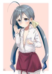  commentary_request female grey_eyes grey_hair kantai_collection kiyoshimo_(kancolle) long_hair nayuhi_(yukimuu14) open_clothes open_shirt pantyhose school_uniform shirt skirt solo twintails 