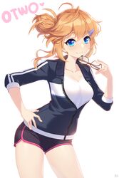  antenna_hair bad_id bad_pixiv_id blonde_hair blue_eyes blush breasts cleavage closed_mouth commentary_request contrapposto dolphin_shorts female grey_jacket hair_bun hair_ornament hairclip hand_on_own_hip highres holding holding_removed_eyewear indie_virtual_youtuber jacket large_breasts looking_at_viewer open_clothes open_jacket otwo_(vtuber) rheez short_shorts shorts signature simple_background single_hair_bun smile solo standing unworn_eyewear virtual_youtuber white_background 