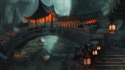  architecture bridge commentary east_asian_architecture fog highres lantern night no_humans original outdoors pagoda scenery sorakuma_(oycue41) stairs stone_lantern 