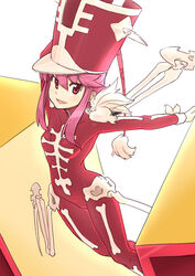  bodysuit bone commentary_request female futaba_no_taiko hat jakuzure_nonon jakuzure_nonon_(symphony_regalia) kill_la_kill pink_eyes pink_hair red_bodysuit shako_cap sidelocks smile solo 