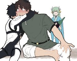  2boys aqua_hair barefoot beard black_hair blush bodysuit bottle brown_hair closed_mouth commentary_request constricted_pupils facial_hair fate/grand_order fate_(series) female fujimaru_ritsuka_(male) fujimaru_ritsuka_(male)_(chaldea_combat_uniform) hector_(fate) horns hug japanese_clothes kimono kiyohime_(fate) long_hair multiple_boys official_alternate_costume protected_link sake_bottle short_hair smile yaoi 