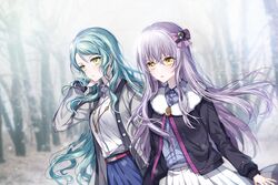  2girls aqua_hair bad_id bad_pixiv_id bang_dream! bare_tree belt black_jacket blue_shirt blue_skirt bow collared_shirt fur-trimmed_jacket fur_trim green_eyes grey_hair grey_jacket hair_between_eyes hairbow hand_in_own_hair hikawa_sayo jacket jewelry long_hair long_sleeves minato_yukina multiple_girls necklace nennen purple_eyes shirt skirt snowing striped striped_bow tree white_shirt white_skirt winter_gloves yellow_eyes 