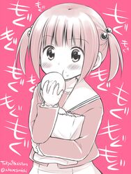  akane_souichi blush commentary_request copyright_name eating female monochrome saeki_hina short_hair short_twintails simple_background solo tokyo_7th_sisters twintails 