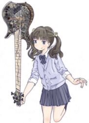  balancing bass_guitar blue_eyes brown_hair commentary dingwall_guitars female highres instrument looking_at_viewer original school_uniform solo standing standing_on_one_leg tariki_fretless twintails upside-down white_background 