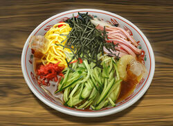  bowl commentary_request cucumber food food_focus ham hiyashi_chuuka ice ice_cube no_humans noodles nori_(seaweed) omelet original realistic seaweed still_life table tamagoyaki toshi_(hokkaido2015) wooden_table 