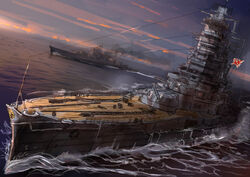  absurdres akasaai battleship cloud commentary_request cruiser dusk dutch_angle emblem flag highres imperial_japanese_navy kantai_collection kikumon kongou_(battleship) military military_vehicle no_humans ocean outdoors rising_sun_flag ship sky smoke sunburst sunset turret warship water watercraft 