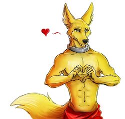  2017 amon_(rukis) anthro black_nose canid canine canis clothed clothing collar fur heart_symbol jackal looking_at_viewer male mammal metal_collar muscular muscular_anthro muscular_male red_lantern sellon smile solo topless 