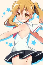  9law ass black_skirt blonde_hair clenched_teeth female flat_ass hikaru_(houkago_no_pleiades) houkago_no_pleiades long_hair skirt sleeveless solo star_(symbol) teeth twintails yellow_eyes 