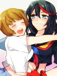  2girls black_hair blue_eyes brown_hair commentary_request gloves hug kill_la_kill mankanshoku_mako matoi_ryuuko mogupen multiple_girls school_uniform senketsu smile 