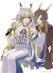  1boy :o arknights bare_shoulders beads blonde_hair blue_eyes brown_eyes brown_hair brown_robe chinese_clothes chinese_commentary closed_mouth commentary_request dianhua_ji_xianggu_gan earrings female finger_to_another&#039;s_mouth grey_hair grey_horns grey_jacket grey_pants grey_tube_top hair_between_eyes hair_intakes hair_over_one_eye highres holding holding_sword holding_weapon horns invisible_chair jacket jewelry long_hair long_sleeves looking_at_another looking_back multicolored_hair necklace off_shoulder one_eye_covered open_clothes open_jacket open_mouth pants pointy_ears purple_hair purple_horns robe shu_(arknights) simple_background sitting strapless streaked_hair sword tube_top unfinished very_long_hair watermark weapon weibo_logo white_background yellow_horns zhi_(arknights) 