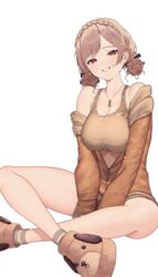  absurdres amatou_(ko_me_9) animal_print bare_shoulders between_legs braid breasts brown_footwear brown_hair brown_jacket brown_shorts brown_socks brown_sports_bra cleavage collarbone commentary_request cropped_legs crown_braid dog_tags female furen_e_lustario furen_e_lustario_(5th_costume) hand_between_legs highres jacket large_breasts looking_at_viewer midriff nijisanji parted_bangs red_eyes short_shorts shorts simple_background sitting smile socks solo sports_bra thighs virtual_youtuber white_background 