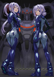  2girls absurdres armored_bodysuit ass blue_bodysuit blue_eyes bodysuit breasts covered_nipples fortified_suit full_body hand_on_own_hip headgear highres kurione_(zassou) large_breasts long_hair looking_at_viewer looking_back mecha mole mole_under_mouth multiple_girls muv-luv muv-luv_alternative original ponytail purple_hair robot shiny_clothes skin_tight standing su-37_terminator_(muv-luv) tactical_surface_fighter 