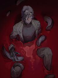  1boy absurdres bath bath_of_blood black_gloves blood blue_eyes brown_hair brown_jacket brown_pants brown_sweater closed_mouth collared_jacket commentary_request gloves hand_up highres jacket knees_up looking_at_viewer male_focus pants scp-073 scp_foundation short_hair sitting smile snake_boy snake_tail solo sweater tail turtleneck turtleneck_sweater yulei_yuuuuu 