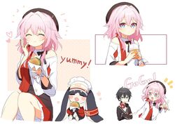  1boy :t antenna_hair beret black_hair black_hat blue_eyes burger chewing cropped_torso crossed_arms dan_heng_(honkai:_star_rail) dan_heng_(kfc)_(honkai:_star_rail) female food food_wrapper hair_between_eyes hair_intakes hand_up hat headphones headphones_around_neck highres holding holding_burger holding_food honkai:_star_rail honkai_(series) index_finger_raised knees_together_feet_apart long_hair looking_at_viewer march_7th_(honkai:_star_rail) march_7th_(kfc)_(honkai:_star_rail) multiple_views notice_lines off-shoulder_shirt off_shoulder official_alternate_costume outstretched_arm petticoat pink_eyes pink_hair pointing polka_dot polka_dot_background pom-pom_(honkai:_star_rail) rabbit red_skirt shirt sidelocks simple_background skirt two-tone_eyes uwasewau white_background white_shirt 