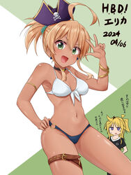  2girls absurdres ahoge belt bikini blonde_hair breasts chotto_ippai! dark_skin front-tie_bikini_top front-tie_top green_eyes gyaru hand_on_own_hip happy_birthday hat highres hoshino_erika_(chotto_ippai!) looking_at_viewer medium_breasts medium_hair mismatched_bikini multiple_girls nanbu_satsuki o-ring o-ring_bottom pirate_hat ponytail smile solo_focus swimsuit thigh_belt thigh_strap vietneko w 