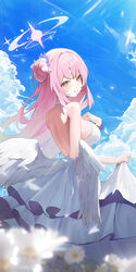  absurdres angel_wings back bare_shoulders blue_archive blue_scrunchie blue_sky blurry blurry_foreground blush breasts cloud cloudy_sky commentary daisy day dress feathered_wings female fingernails flower frilled_dress frills hair_bun hair_flower hair_ornament hair_ribbon halo highres jewelry large_breasts long_hair looking_at_viewer looking_back low_wings mika_(blue_archive) nail_polish num_s1x outdoors pink_hair pink_halo pink_nails purple_flower ribbon ring scrunchie single_side_bun sky smile solo sundress white_dress white_ribbon white_wings wings wrist_scrunchie yellow_eyes 