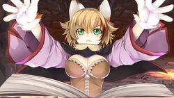  animal_ears animal_hands arms_up atelier-moo book breasts brown_hair cat_ears cat_girl cat_paws cleavage closed_mouth dungeon feline_sora female green_eyes hair_between_eyes highres large_breasts long_sleeves looking_at_viewer narrow_waist open_book outstretched_arms short_hair solo standing upper_body wizards_symphony 