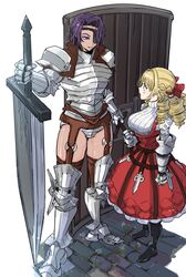  2girls amalia_(unicorn_overlord) armored_leotard blonde_hair commentary_request dress drill_hair eyepatch gauntlets holding holding_shield huge_weapon light_blush looking_at_another multiple_girls o-ring_garter_belt scarlett_(unicorn_overlord) shield smile sweater_under_dress sword tall_female tower_shield uhana unicorn_overlord weapon 