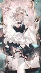  apron artist_name black_bow black_dress blue_eyes bow breasts cleavage cleavage_cutout clothing_cutout dagger dress elbow_gloves female floating floating_object floating_weapon garter_straps gloves hair_between_eyes highres holding holding_dagger holding_knife holding_weapon izayoi_sakuya knife maid maid_headdress majamari medium_hair mirror signature solo staring thighhighs touhou waist_apron weapon weapon_in_garters white_apron white_gloves white_hair white_thighhighs 