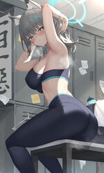  absurdres adjusting_hair alternate_costume animal_ear_fluff animal_ears armpits arms_up ass atsuko&#039;s_grin_(meme) atsuko_(blue_archive) black_sports_bra blue_archive bottle breasts clothes_hanger doodle_sensei_(blue_archive) feet_out_of_frame female grey_hair halo highres indoors jixo_(user_nzhc8728) large_breasts light_smile locker locker_room looking_at_viewer looking_to_the_side meme mutsuki_(blue_archive) panties_under_yoga_pants pants sensei_(blue_archive) shiroko_(blue_archive) sideboob sitting smelly_armpits solo sports_bra steaming_body sticky_note sweat towel tying_hair water_bottle wolf_ears yoga_pants 