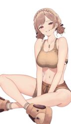  absurdres amatou_(ko_me_9) animal_print bare_shoulders between_legs braid breasts brown_footwear brown_hair brown_shorts brown_socks brown_sports_bra cleavage collarbone commentary_request cropped_legs crown_braid dog_tags female furen_e_lustario furen_e_lustario_(5th_costume) hand_between_legs highres large_breasts looking_at_viewer midriff navel nijisanji parted_bangs red_eyes short_shorts shorts simple_background sitting smile socks solo sports_bra thighs virtual_youtuber white_background 