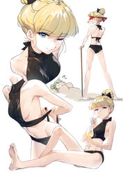  2girls absurdres adjusting_clothes adjusting_swimsuit araga_kiwi barefoot bikini black_bikini blank_eyes blindfold blonde_hair blue_eyes breasts buried cropped_head cropped_torso double_bun feet flying_sweatdrops from_behind full_body green_eyes groin hair_bun hair_ribbon highres knee_up leaning_forward legs_apart looking_at_viewer mahou_shoujo_ni_akogarete multiple_girls multiple_views navel one_eye_closed ribbon short_hair sideboob single_hair_bun sitting small_breasts smile soles straydogshelter swimsuit tenkawa_kaoruko toes 