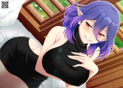  arm_under_breasts backless_dress backless_outfit black_dress breasts demon_girl dress feet_out_of_frame female hair_between_eyes hand_on_own_chest kinsou_no_vermeil large_breasts lens_flare lipstick lukmanscootkenn makeup on_bed open_mouth pointy_ears purple_hair red_eyes seductive_smile short_hair sitting smile solo teeth vermeil_(kinsou_no_vermeil) window_shadow 