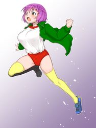  breasts brown_eyes buruma character_request clenched_hand commentary_request copyright_request female full_body gradient_background green_jacket grey_background gym_shirt gym_uniform highres jacket jumping long_sleeves medium_breasts open_clothes open_jacket open_mouth purple_hair red_buruma shirt short_hair solo teruki_kuma thighhighs thighs white_shirt yellow_thighhighs 