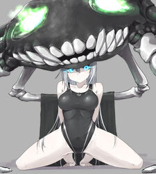  abyssal_ship alternate_costume black_one-piece_swimsuit blue_eyes breasts competition_swimsuit covered_navel female glowing glowing_eyes grey_hair highleg highleg_swimsuit highres kantai_collection large_breasts long_hair one-piece_swimsuit pale_skin solo spread_legs squatting swimsuit wo-class_aircraft_carrier zafuri_(yzrnegy) 