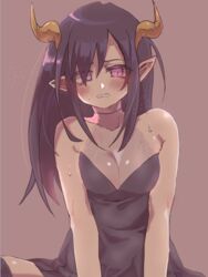  bare_shoulders black_dress blush breasts brown_background cleavage commentary_request demon_girl detached_collar dress female hair_over_one_eye hashimoto_(soukidann2010) highres horns long_hair looking_at_viewer original pointy_ears purple_hair simple_background sitting small_breasts solo teeth 