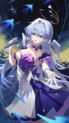  absurdres aqua_eyes bird blue_dress blue_hair bracelet breasts cleavage dress feet_out_of_frame feimao_(fmfeimao) female gloves hair_intakes halo hand_up head_wings highres holding holding_microphone honkai:_star_rail honkai_(series) jewelry light_blue_hair long_hair looking_at_viewer microphone multicolored_clothes multicolored_dress musical_note_ornament open_mouth pearl_bracelet purple_dress purple_sleeves robin_(honkai:_star_rail) solo strapless strapless_dress very_long_hair white_dress white_gloves wings 