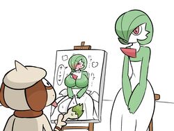  alternate_color blush bob_cut breasts canvas_(object) closed_mouth colored_skin easel flat_chest gardevoir green_hair green_skin hair_over_one_eye hat highres large_breasts modeling multicolored_skin nakineiriko_(dafdafson) one_eye_covered pokemon pokemon_(creature) portrait red_eyes short_hair simple_background smeargle smile stool tail tongue tongue_out two-tone_skin white_skin 