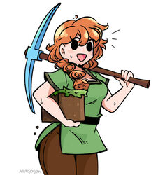  alex_(minecraft) black_eyes block_(minecraft) block_(object) braid carrying carrying_under_arm commentary dirt english_commentary female green_shirt hair_over_shoulder highres holding holding_block holding_pickaxe long_hair looking_at_viewer minecraft murgoten open_mouth orange_hair pants pickaxe shirt short_sleeves signature simple_background smile solo sweat white_background 