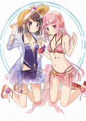  2girls absurdres anemone_(flower) ankleband bikini black_ankleband black_hair black_wristband blunt_bangs blush braid breasts brown_footwear brown_headwear casual_one-piece_swimsuit caustics chokokuro circle clothing_cutout commentary_request dot_nose flower gem hair_flower hair_ornament hands_up hat hat_ribbon heart heart_hair_ornament highres holding_hands jacket jewelry kneeling kuroe_(madoka_magica) kuroe_(swimsuit_ver.)_(madoka_magica) long_hair low_ponytail magia_record:_mahou_shoujo_madoka_magica_gaiden mahou_shoujo_madoka_magica multi-strapped_bikini_bottom multi-strapped_bikini_top multiple_girls mussel navel necklace no_nose one-piece_swimsuit pink_bikini pink_eyes pink_flower pink_gemstone pink_hair pink_sarong platform_footwear print_jacket purple_eyes purple_flower purple_gemstone purple_jacket purple_one-piece_swimsuit red_flower ribbon sandals see-through see-through_jacket short_hair side-tie_bikini_bottom side_braids side_cutout sidelocks simple_background small_breasts smile star_(symbol) star_print straw_hat string_bikini swept_bangs swimsuit swimsuit_skirt tamaki_iroha tamaki_iroha_(swimsuit_ver.) thighlet twin_braids very_long_hair wave_print white_background wristband 