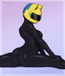  afrobull ass black_bodysuit black_gloves bodysuit border breasts celty_sturluson commentary covered_face durarara!! english_commentary facing_viewer female gloves gradient_background grey_border helmet highres large_breasts long_sleeves motorcycle_helmet patreon_username purple_background skin_tight solo split watermark web_address 