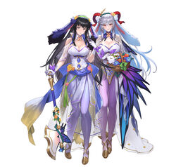  2girls animal_ears axe basket battle_axe black_hair breasts cleavage clothing_cutout cuboon curled_horns fake_animal_ears fire_emblem fire_emblem:_the_blazing_blade fire_emblem_heroes flower freyja_(fire_emblem) freyja_(spring)_(fire_emblem) full_body gloves gold_trim gradient_clothes grey_eyes hair_ornament hand_up highres holding holding_weapon horns karla_(fire_emblem) karla_(spring)_(fire_emblem) large_breasts leotard long_hair looking_at_viewer medium_breasts multiple_girls official_art pantyhose parted_lips polka_dot rabbit_ears red_eyes ribbon see-through serious shoulder_cutout simple_background smile standing stuffed_animal stuffed_toy turtleneck weapon white_background 