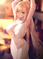  absurdres armpits arms_up bare_shoulders bindong blonde_hair blurry blurry_background breasts china_dress chinese_clothes cleavage closed_mouth closers collarbone commentary dress female green_eyes hair_between_eyes highres large_breasts long_hair looking_at_viewer no_panties ponytail sidelocks solo soma_(closers) standing sweatdrop symbol-only_commentary very_long_hair white_dress 