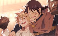  2boys blonde_hair blush braid brown_hair cape closed_eyes collarbone commentary_request cup dasshu_(dashi_now) elf facial_hair friends hair_ornament happy holding holding_cup ishuzoku_reviewers laughing long_sleeves male_focus multiple_boys open_mouth pointy_ears scar scar_on_face shirt short_hair smile stunk twitter_username v-shaped_eyebrows white_shirt x_hair_ornament zel_(ishuzoku_reviewers) 