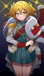  absurdres bad_id bad_twitter_id blonde_hair blue_dress blush closed_mouth daiba_nana dress epaulettes female frown fur-trimmed_jacket fur_trim green_eyes green_ribbons hair_ribbon highres holding holding_sword holding_weapon inuyayo jacket jacket_on_shoulders long_sleeves red_jacket ribbon short_hair shoujo_kageki_revue_starlight solo sword two_side_up weapon white_jacket 