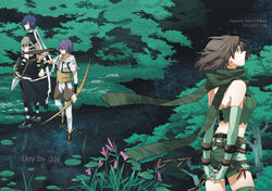  2boys armor assassin_(ragnarok_online) bandages black_cape black_pants black_shirt blue_hair bow_(weapon) brown_footwear brown_hair brown_shirt brown_shorts camouflage_scarf cape closed_mouth commentary_request cover cover_page cowboy_shot crop_top dagger dated doujin_cover elbow_gloves female fingerless_gloves full_body gloves green_gloves green_scarf green_shorts green_tube_top hair_between_eyes holding holding_bow_(weapon) holding_dagger holding_knife holding_weapon hunter_(ragnarok_online) jacket jamadhar knife multiple_boys pants pants_under_shorts pauldrons purple_eyes purple_hair ragnarok_online ranger_(ragnarok_online) rukira scarf shirt shoes short_hair short_sleeves shorts shoulder_armor smile strapless torn_cape torn_clothes tube_top waist_cape weapon white_jacket white_pants wristband 