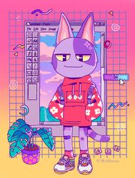  abstract_background animal_crossing anthro bob_(animal_crossing) clothing digital_media_(artwork) domestic_cat english_text felid feline felis floral_print footwear front_view fur hand_in_pocket hi_res looking_at_viewer male mammal microsoft microsoft_paint_(copyright) microsoft_windows nintendo pattern_clothing pink_clothing pink_footwear pink_socks plant plant_pot pockets potted_plant puraco purple_body purple_fur shoes smile sneakers socks solo symbol text vaporwave window_(computing) 