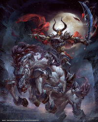  armor barding cape final_fantasy final_fantasy_vii fog full_moon highres holding holding_sword holding_weapon horns horse moon odin_(final_fantasy) red_eyes revision sleipnir_(final_fantasy) sword weapon yu_cheng_hong 