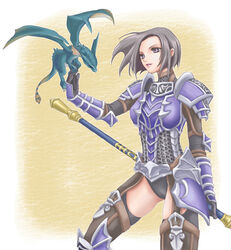  adventurer_(ff11) arm_guards armor black_gloves breastplate breasts brown_thighhighs dragon dragoon_(final_fantasy) dragoon_wyvern_(ff11) faulds female final_fantasy final_fantasy_xi garter_straps gloves grey_hair holding holding_polearm holding_weapon hume left-handed medium_breasts parted_lips polearm purple_armor purple_eyes sakutsuki short_hair shoulder_armor solo spear thighhighs thighs weapon 