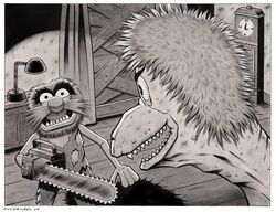  2020 animal_(muppets) anthro big_nose bloodshot_eyes border bruce_mccorkindale chainsaw clock clothing crossover duo evil_dead evil_dead_ii eyebrows female greyscale hair hi_res lamp male male/female monochrome muppet muppets parody power_tool queen_peuta signature teeth the_evil_dead thick_eyebrows tools torn_clothing white_border 